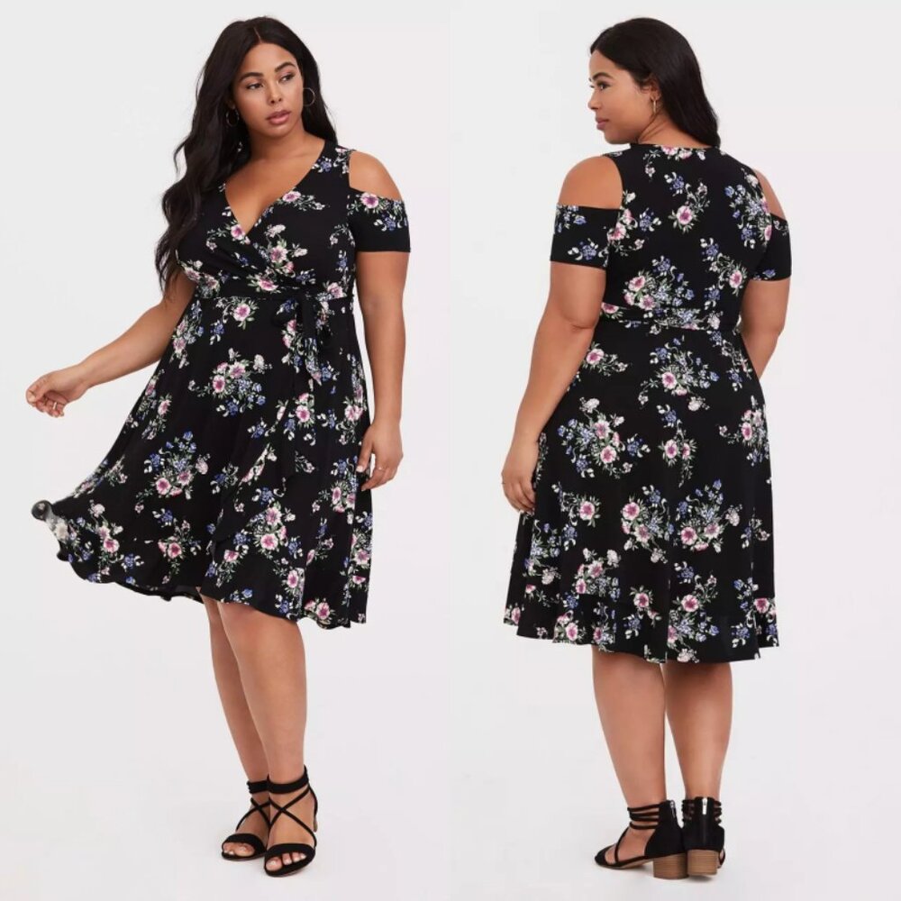 NWT Torrid 1 Black Floral Cold Shoulder Wrap Dress 1X 14 16